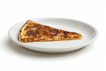 Delicious pizza slice served on a clean white plate featuring crispy crust savory topping against white backdrop
