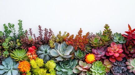 Colorful succulent plants border on white background.