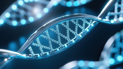 A close-up view of a DNA double helix structure, illuminated with glowing blue lights, symbolizing genetics and biotechnology.