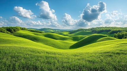 Obraz premium Under a vibrant blue sky with fluffy white clouds, lush green grass covers rolling hills, creating a picturesque, serene landscape.