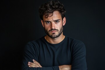 Obraz premium A brooding young man with intense eyes and arms crossed, conveying a sense of quiet contemplation against a stark black background.