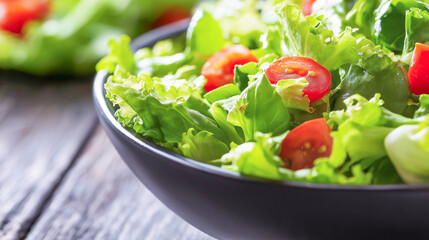Fresh salad with vibrant greens and cherry tomatoes in a rustic wooden table