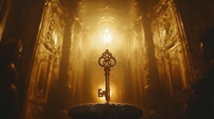 Ornate golden key in dimly lit ancient church