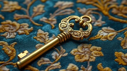 Ornate gold skeleton key on teal floral fabric
