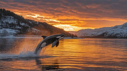 Fototapeta premium Orca leaping at sunset over snowy fjord