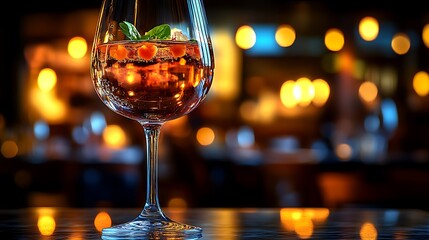 Refreshing cocktail in a wine glass at a bar.