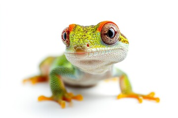 Adorable Green Lizard Looking at Camera on White Background Studio Shot