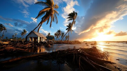 A dramatic sunset over a coastal landscape, featuring damaged trees and a house, illustrating the impact of natural disasters on the environment.