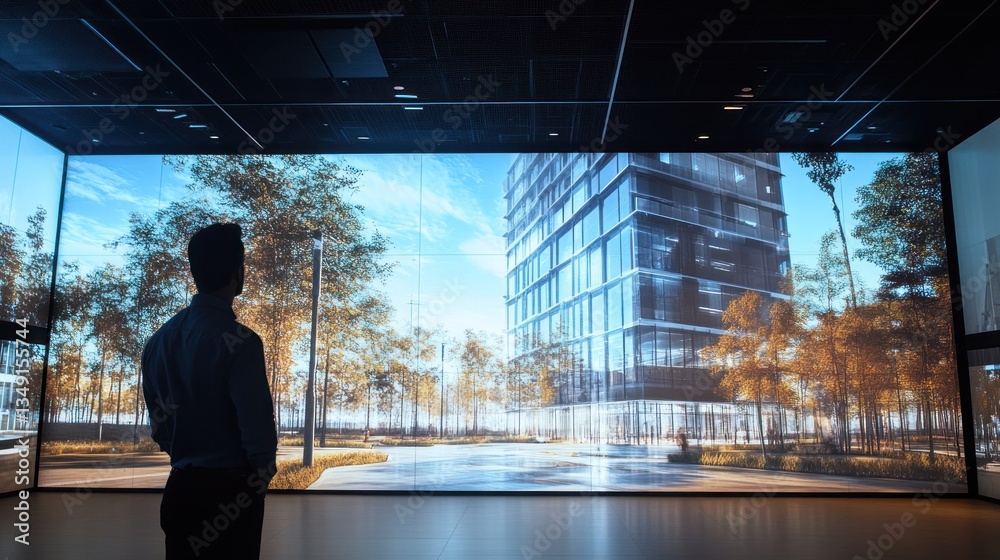 Poster Man viewing architectural rendering on large screen.