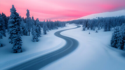 Snowy Winding Road Through Tranquil Winter Landscape at Sunrise
