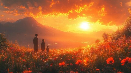 Family Watching Sunset Over Poppy Field Mountain Scenery in Golden Hour