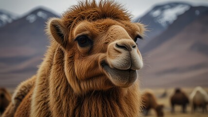 Obraz premium Close-up of a camel's head against a mountain backdrop. A fluffy, reddish-brown camel faces forward, with a slightly open mouth. Mountain range in the background is covered with snow
