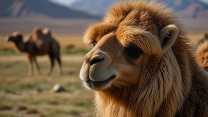 Obraz premium Close-up of a Bactrian camel in a desert landscape