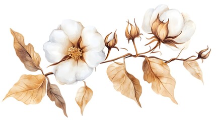 Beautiful Watercolor Cotton Flower with Dry Leaves Cartoon Vector Illustration