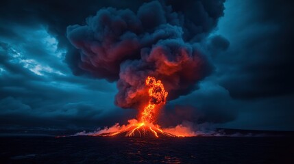 A dramatic volcanic eruption sends bright lava and ash into the dark, cloudy sky, creating a stunning yet powerful natural spectacle.