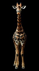 Obraz premium Giraffe with striking patterns stands tall against a black backdrop showcasing its unique features and elegance