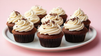 Seven decadent chocolate cupcakes with creamy vanilla frosting and chocolate sprinkles, arranged on a white plate against a soft pink background.