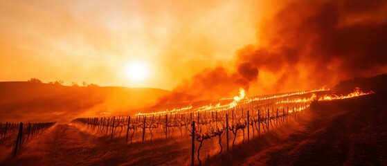 A dramatic scene of a vineyard engulfed in flames against a fiery sunset, illustrating the devastating impact of wildfires.