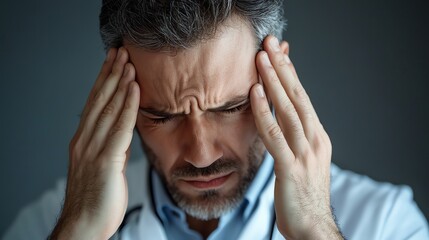Fototapeta premium Stressed Doctor Experiencing Headache While Touching Temples Seeking Relief