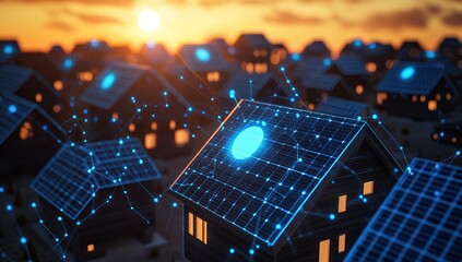 Obraz premium Smart Homes Network with Solar Panels at Sunset
