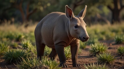 Fototapeta premium Young anteater in natural habitat. A light-tan, small anteater walks through a grassy savanna-like environment. Soft light suggests early morning or late afternoon