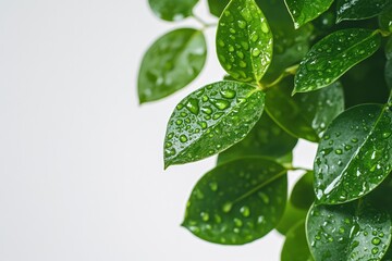 Fototapeta premium Close Up of Green Leaves with Water Droplets on a Light Background