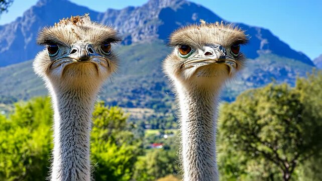 Two curious ostriches stand closely together in a sunny landscape with mountains in the background, showcasing their unique expressions