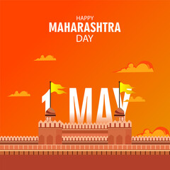 Fototapeta premium 1 May Maharashtra Day Poster – Historic Fort with Saffron Flags and Vibrant Orange Sky, Perfect for Celebrating Maharashtra’s Formation, Culture, and State Pride