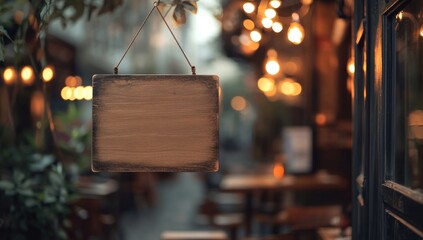 Blank Wooden Sign Hanging at Cozy Outdoor Cafe