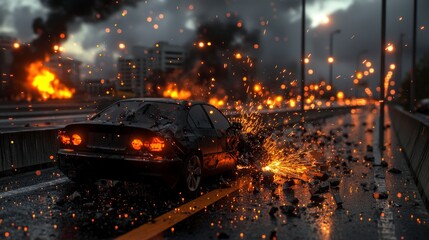 Explosive car crash scene on urban highway nighttime chaos dramatic action dark environment intense viewpoint