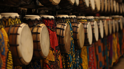 Vibrant African drums displayed in a row, showcasing intricate textile patterns.  A captivating image perfect for travel, music, culture, or heritage projects.