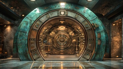 Obraz premium Massive ornate bronze and teal vault door in a luxurious, dimly lit interior.