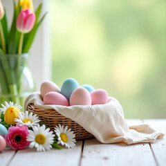 Pastel-colored Easter eggs rest in a wicker basket surrounded by spring flowers, including daisies and tulips, creating a festive and fresh seasonal display.
