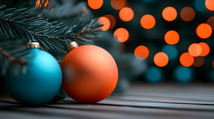 Teal and Orange Christmas Ornaments on Wooden Surface