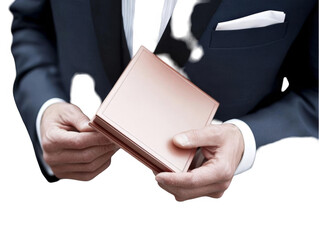 Elegant Photo Of A Man Holding A Leather Wallet Showing A Close Up Detail Of The Hand And Suit In Blue And White Against Transparent Background