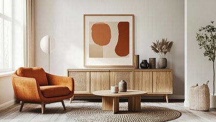 Modern Minimalist Living Room with Orange Armchair and Wooden Furniture