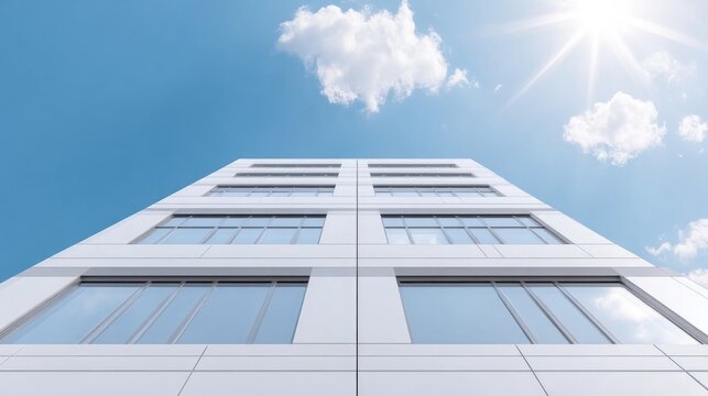 Modern office building facade against a clear blue sky.  Detailed view of rectangular windows and white panels