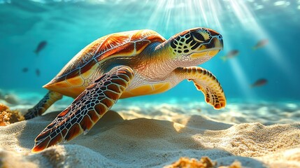 Fototapeta premium Vibrant sea turtle gracefully glides on sandy ocean floor, sunbeams illuminating its shell