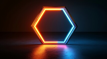 Hexagonal neon glass frame featuring dynamic glowing lines, vibrant holographic effect, futuristic sci-fi atmosphere, metallic texture, 3D rendering