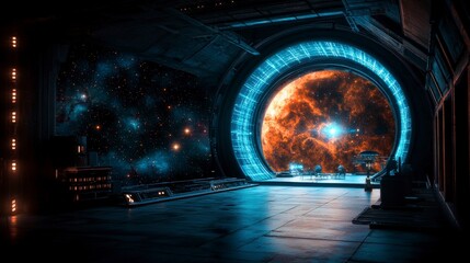 Obraz premium Exploring a cosmic portal sci-fi scene inside a space station futuristic environment stunning viewpoint