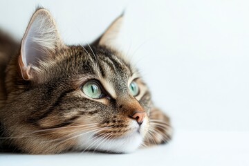 Obraz premium Resting Tabby Cat Portrait with Intense Green Eyes Looking Up