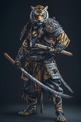 Obraz premium A powerful tiger monk warrior, a fearsome samurai with katana swords, stands defiantly in full ornate armor, showcasing detailed tiger features and a serene yet intense expression.