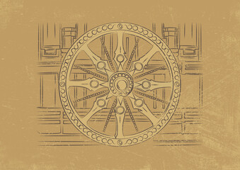 Chariot wheel at the Konark Sun Temple, Orissa, India. Vector Illustration of Indian architecture and sculpture.

