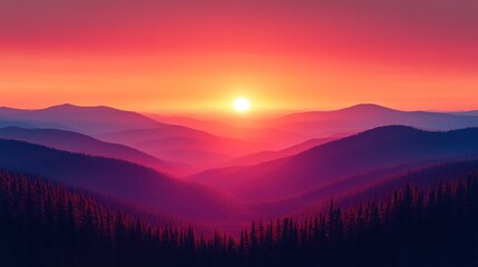 Vibrant sunset over layered mountain ranges, casting warm hues on a coniferous forest