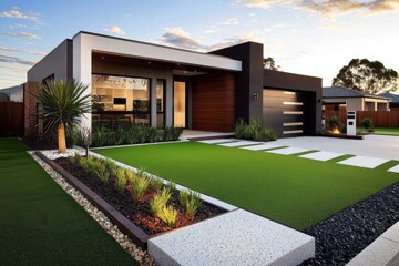 Innovative landscaping with artificial turf complements contemporary architecture.