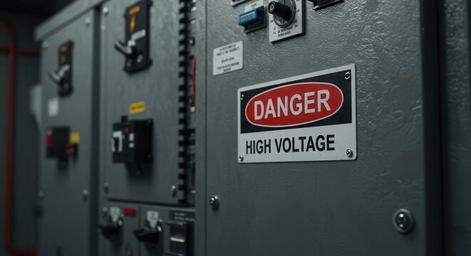 Electrical Panel with Danger High Voltage Sign Industrial Safety