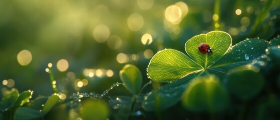 Gentle Morning Light on Dewy Green Leaf with Ladybug Resting