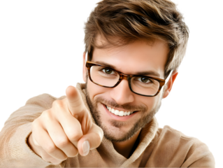 Happy Young Man Pointing Smiling In Sweater With Glasses Realistic Photo Isolated On Transparent Background