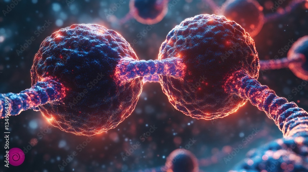 Poster microscopic view of interconnected cells, glowing red and blue, detailed 3d render.