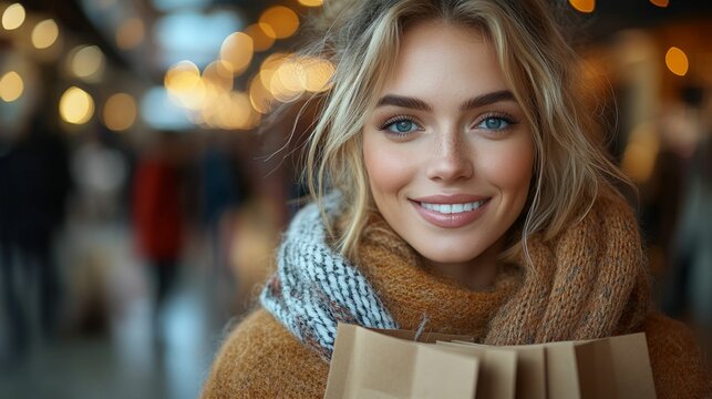 portrait of happy young beautiful caucasian woman 20-25 years old with shopping bag being in mall, concept shopping and buying on sales